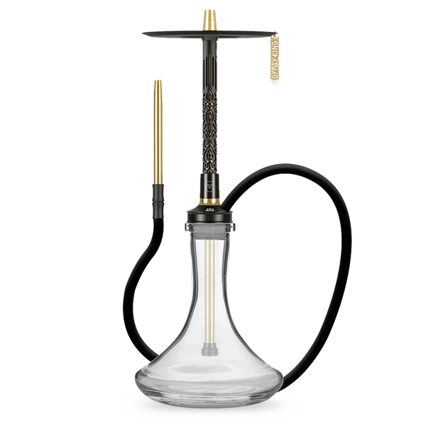 Modern black and gold shisha pipe with clear glass base and decorative stem