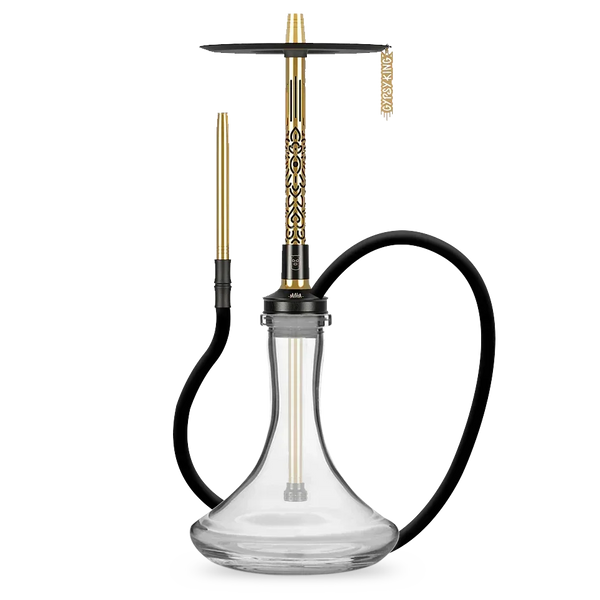 Modern gold and black hookah with ornate stem, clear glass base, and black hose