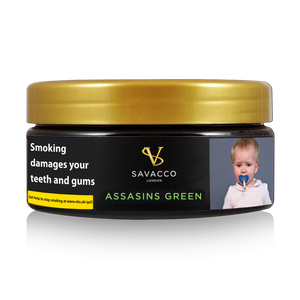 Savacco Assasins Green shisha tobacco tin with gold lid, health warning, and child image
