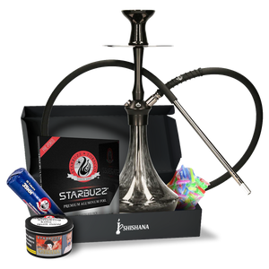 El-Badia C5 V2 Black Phantom Essential Shisha Bundle with glass base, diffuser, silicone hose, and Starbuzz Geisha Bold Flavour.