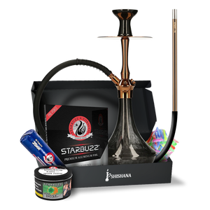 El-Badia C5 V2 Brown Copper Essential Shisha Bundle with glass base, diffuser, silicone hose, and Starbuzz Irish Peach flavour.