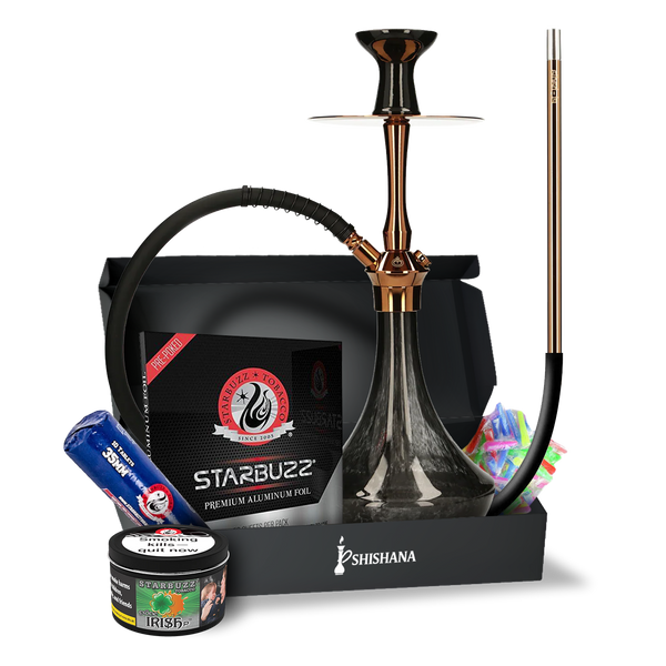 El-Badia C5 V2 Brown Copper Essential Shisha Bundle with glass base, diffuser, silicone hose, and Starbuzz Irish Peach flavour.