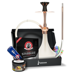 El-Badia C5 V2 Rose Gold Essential Shisha Bundle with glass base, silicone hose, diffuser, and Starbuzz Tropicool flavour.