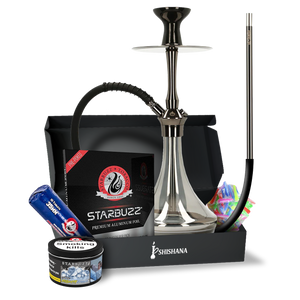 El-Badia C5 V2 Shiny Carbon Essential Shisha Bundle with glass base, diffuser, silicone hose, and Starbuzz Mighty Freeze flavour.