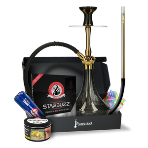 El-Badia C5 V2 Shiny Gold Essential Shisha Bundle with glass base, diffuser, silicone hose, and Starbuzz Golden Grape Bold Flavour.