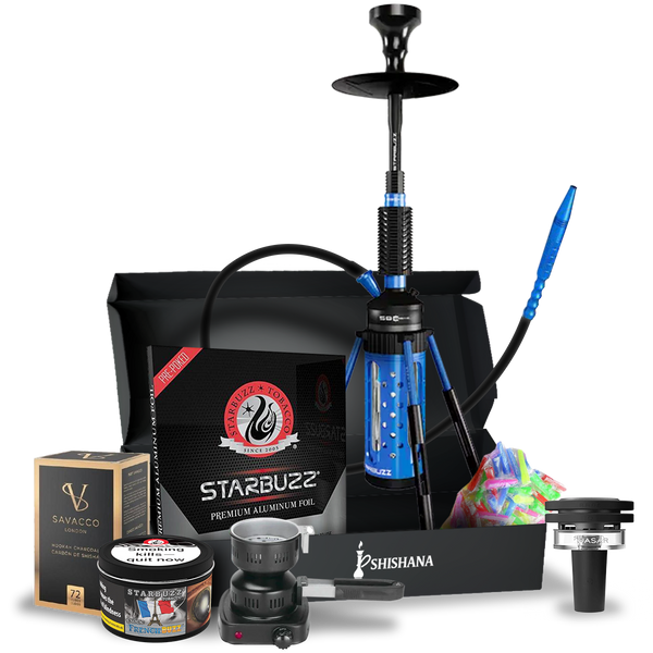Starbuzz Carbine 2.0 Cobalt Shadow Prestige Hookah Bundle with Quasar Raas 2, Starbuzz French Buzz 250g flavour, burners, coconut coals, foil, tips, and accessories.