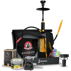 Starbuzz Carbine 2.0 Gold Black Prestige Hookah Bundle with Quasar Raas 2, Starbuzz Pineana 250g flavour, burners, coconut coals, foil, tips, and accessories.