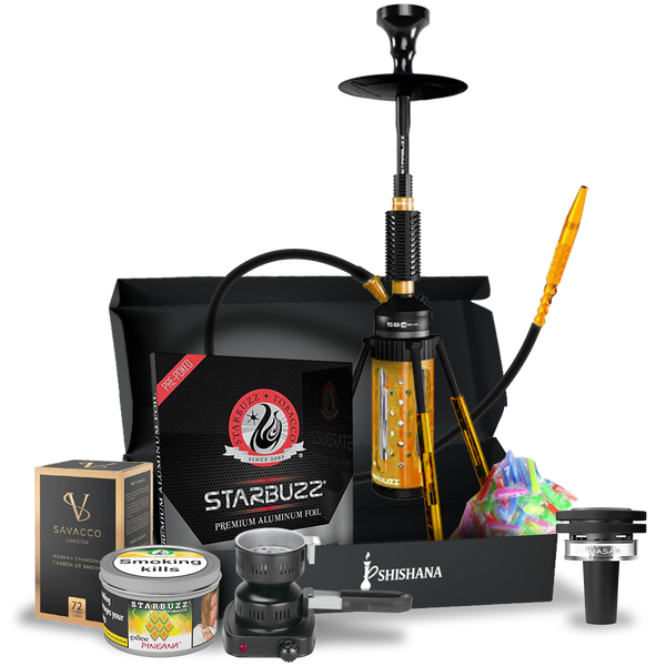 Starbuzz Carbine 2.0 Gold Black Prestige Hookah Bundle with Quasar Raas 2, Starbuzz Pineana 250g flavour, burners, coconut coals, foil, tips, and accessories.