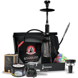 Starbuzz Carbine 2.0 Gunmetal Prestige Hookah Bundle with Quasar Raas 2, Starbuzz Grape Freeze 250g flavour, burners, coconut coals, foil, tips, and accessories.