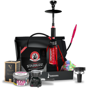 Starbuzz Carbine 2.0 Hellfire Prestige Hookah Bundle in red with Quasar Raas 2, Starbuzz Pink 250g flavour, burners, coconut coals, foil, tips, and accessories.