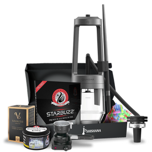 Quasar Arguile Prestige Hookah Bundle with Quasar Raas 2 Thermic Head, Jabed 2 handle, borosilicate vase, Starbuzz Grape Freeze 250g, coconut coals, foil, burners, and accessories.