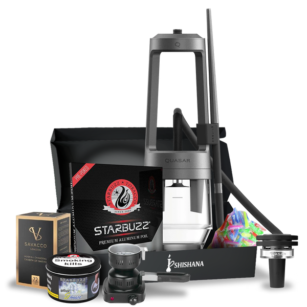 Quasar Arguile Prestige Hookah Bundle with Quasar Raas 2 Thermic Head, Jabed 2 handle, borosilicate vase, Starbuzz Grape Freeze 250g, coconut coals, foil, burners, and accessories.