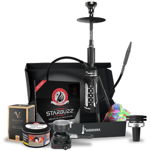 Starbuzz Carbine 2.0 Prestige Hookah Bundle in Signature Grey with Quasar Raas 2, Starbuzz Geisha 250g flavour, burners, coconut coals, foil, tips, and accessories.