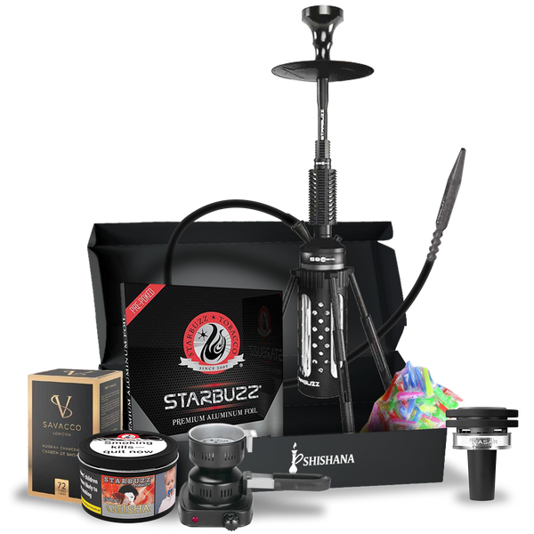 Starbuzz Carbine 2.0 Prestige Hookah Bundle in Signature Grey with Quasar Raas 2, Starbuzz Geisha 250g flavour, burners, coconut coals, foil, tips, and accessories.