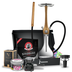 Wookah Oak Smooth Clear Prestige Hookah Bundle with Quasar Raas 2 Thermic Head, Oak mouthpiece, Smooth Clear vase, Starbuzz Pink 250g, coconut coals, foil, burners, and accessories.
