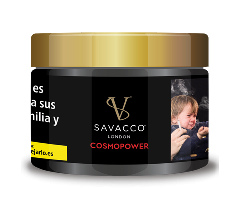 Savacco Cosmopower 50g jar with gold lid, product label, and a photo of a child next to smoke.