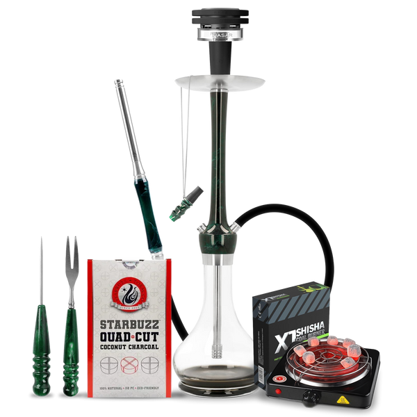 Dark emerald glass hookah set with charcoal burner, tongs, and shisha accessories