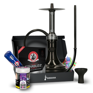 EL-BADIA FUSION ESSENTIAL SHISHA BUNDLE Black with aluminum stem, glass base, silicone hose, silicone head, phunnel bowl, charcoal tong, and Overdozz All Nighter shisha tobacco.