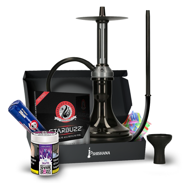 EL-BADIA FUSION ESSENTIAL SHISHA BUNDLE Black with aluminum stem, glass base, silicone hose, silicone head, phunnel bowl, charcoal tong, and Overdozz All Nighter shisha tobacco.