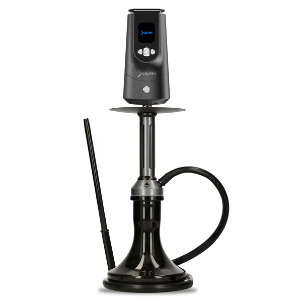 Modern black hookah with sleek glass base, digital temperature control, and silicone hose