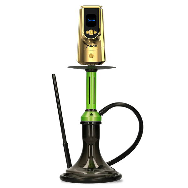 Modern electronic hookah with gold top, green stem, black hose, and transparent base