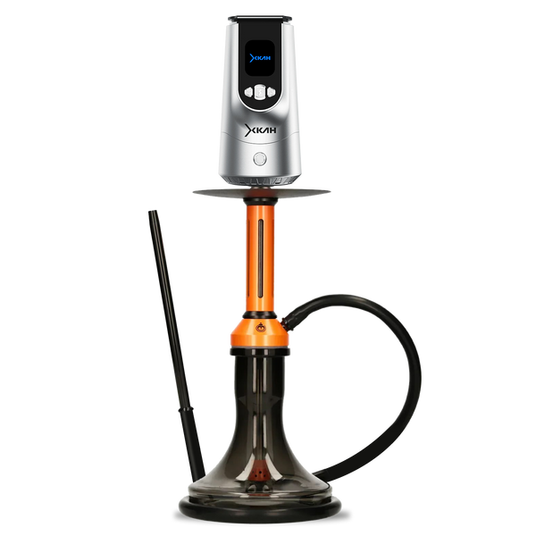 Modern orange and black shisha with a sleek digital top, glass base, hose, and mouthpiece