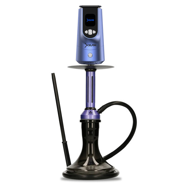 Modern purple hookah with digital controls, glass base, black hose, and mouthpiece