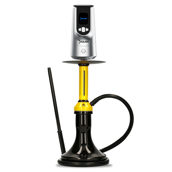 Modern yellow and silver hookah with black hose and base on white background
