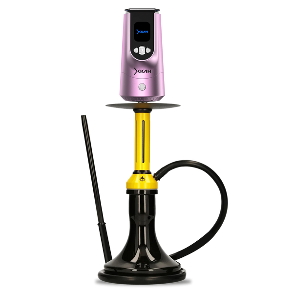 Modern hookah with yellow stem, black base, and pink electronic top on white background