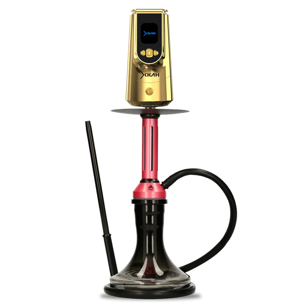 Modern hookah with red and gold design, black hose, and glass base on white background