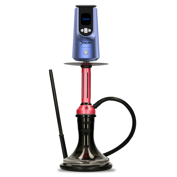 Modern red and blue shisha pipe with black hose and glass base on white background