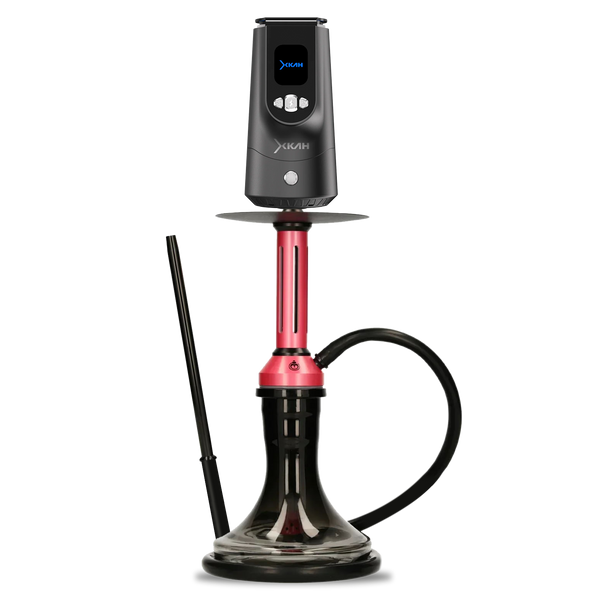 Modern red and black shisha pipe with digital head, glass base, and silicone hose