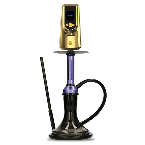 Modern shisha hookah with gold and purple stem, black hose, and electronic heat management device.