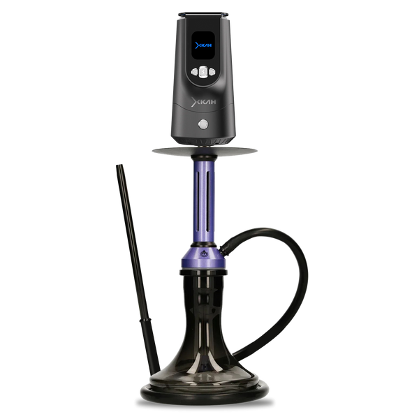 Modern purple and black hookah with electronic heat management, transparent glass base, and black hose.