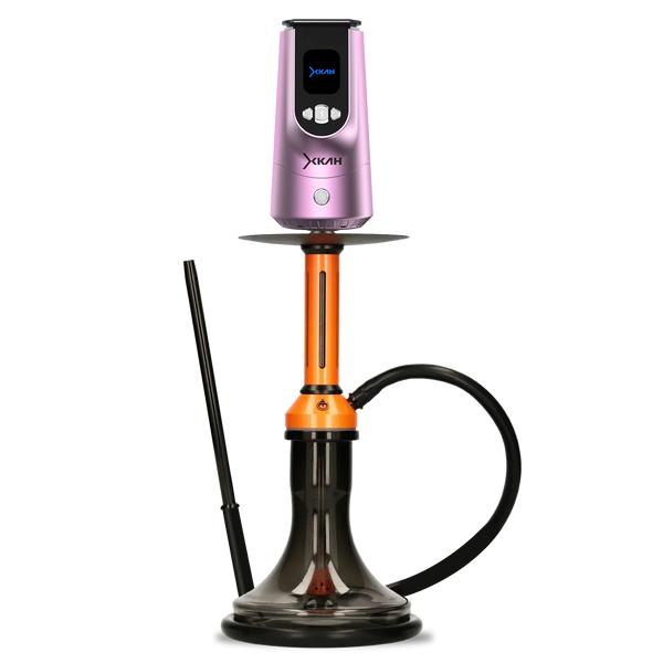 Modern orange and pink shisha pipe with black hose, sleek electronic top, and clear base.