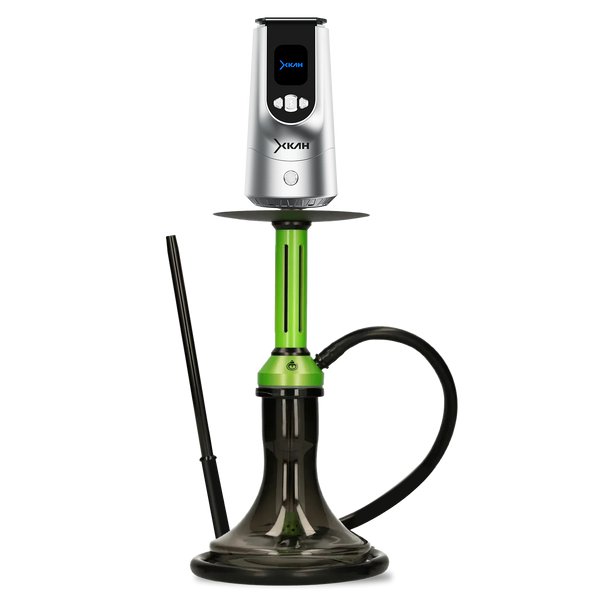 Modern green and silver shisha pipe with black hose and digital control panel