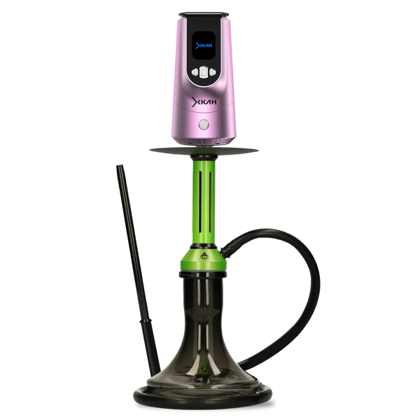 Modern shisha pipe with digital pink head, green stem, and black glass base on white background.