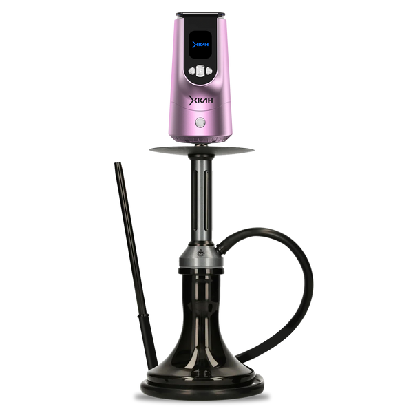 Black and pink modern shisha with digital top, silicone hose, and glass base on white background.