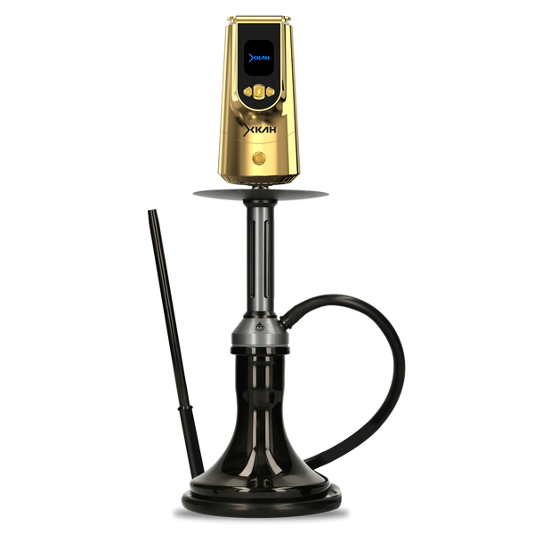 Modern black and gold hookah with glass base, hose, mouthpiece, and digital heating unit