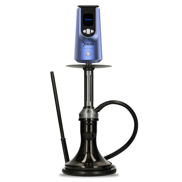 Modern black and blue hookah with electronic heat management device on glass base