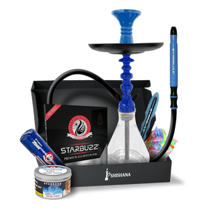 STARBUZZ SB MINI BLUE MIST ESSENTIAL SHISHA SET with blue accents, glass base, silicone hose, bowl, charcoal, foil, mouth tips, and 100g Blue Mist shisha tobacco.