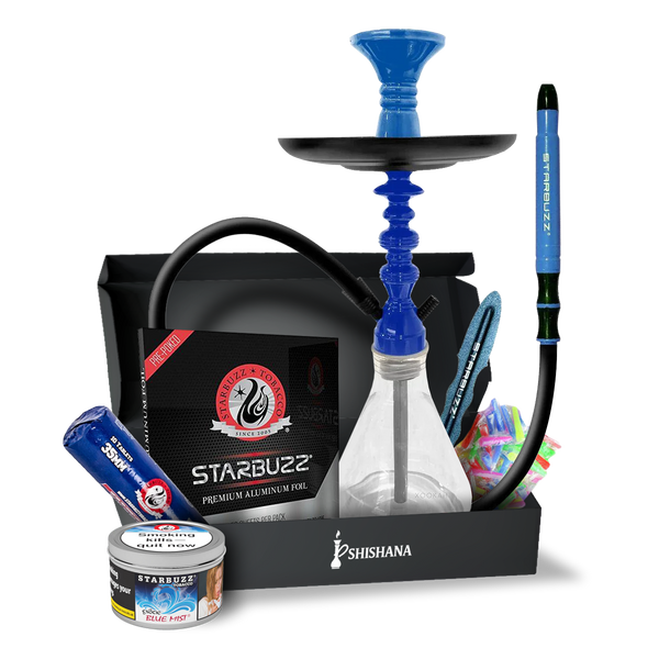 STARBUZZ SB MINI BLUE MIST ESSENTIAL SHISHA SET with blue accents, glass base, silicone hose, bowl, charcoal, foil, mouth tips, and 100g Blue Mist shisha tobacco.