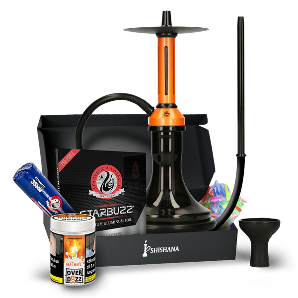 EL-BADIA FUSION ESSENTIAL SHISHA BUNDLE Orange with aluminum stem, glass base, silicone hose, silicone head, phunnel bowl, charcoal tong, and Overdozz Heat Wave shisha tobacco.