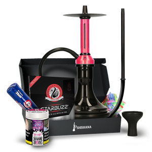 EL-BADIA FUSION ESSENTIAL SHISHA BUNDLE Pink with aluminum stem, glass base, silicone hose, silicone head, phunnel bowl, charcoal tong, and Overdozz Bad Habit shisha tobacco.