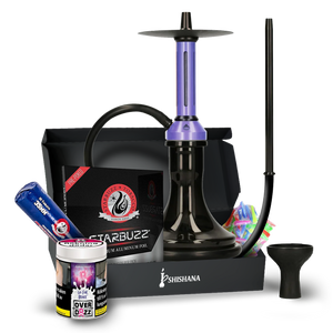 EL-BADIA FUSION ESSENTIAL SHISHA BUNDLE Purple with aluminum stem, glass base, silicone hose, silicone head, phunnel bowl, charcoal tong, and Overdozz Go For Broke shisha tobacco.