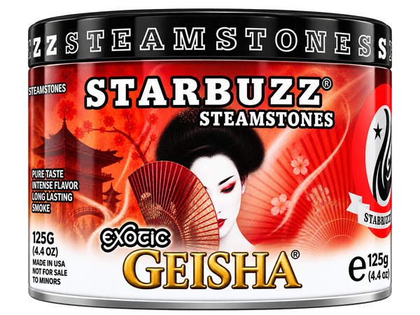 A cylindrical tin of Starbuzz Steamstones Exotic Geisha flavored steam stones, featuring a red and black label with a Japanese woman holding a fan, on a white background.