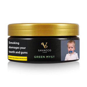 Savacco Green Myst tobacco tin with gold lid, health warning label, and child photo