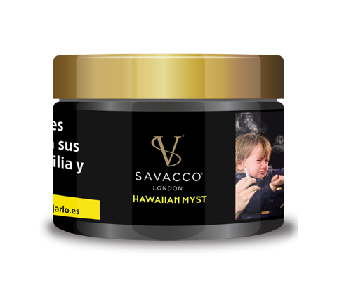 Savacco Hawaiian Myst shisha tobacco jar with gold lid and black label