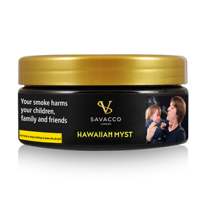 Savacco Hawaiian Myst shisha tobacco tin with gold lid and health warning label
