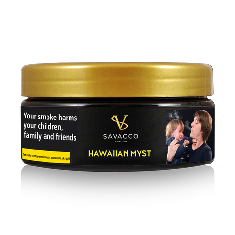Savacco Hawaiian Myst shisha tobacco tin with gold lid and health warning label